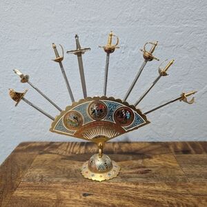 VTG MCM Toledo Spain Brass Swords Cocktail Appetizer Skewers 8 Picks & fan Stand
